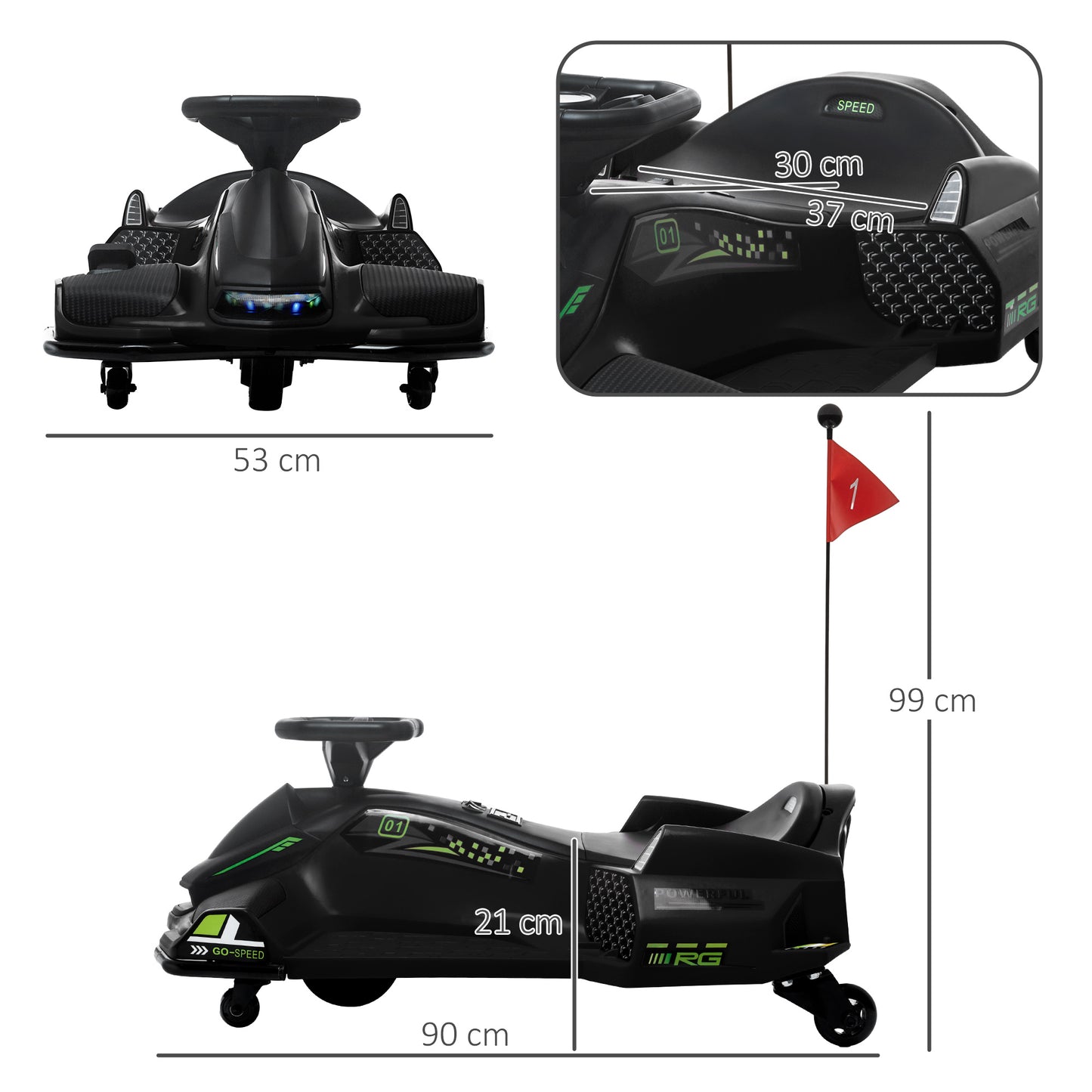 HOMCOM Electric Go Kart for Children 8-12 Years Speed 3-8 km/h for Drifting with Lights and Music, Black