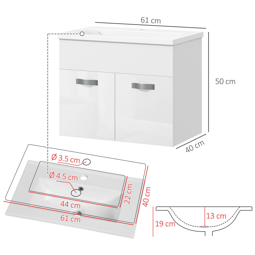 Wall-hung Bathroom Cabinet with Sink, 2-Door Cabinet with Soft-Close Hinges, 61x40x50cm, Glossy White