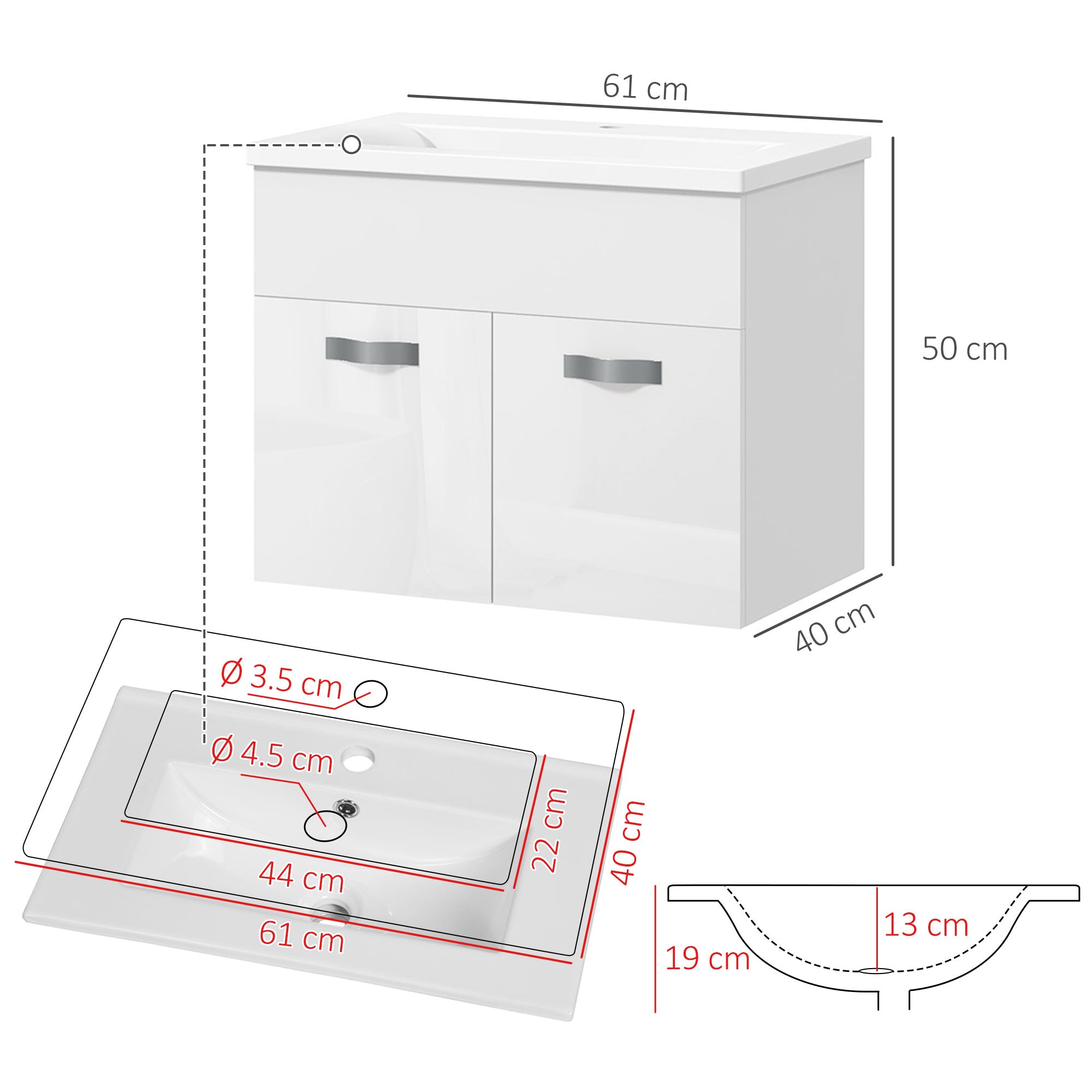 Wall-hung Bathroom Cabinet with Sink, 2-Door Cabinet with Soft-Close Hinges, 61x40x50cm, Glossy White
