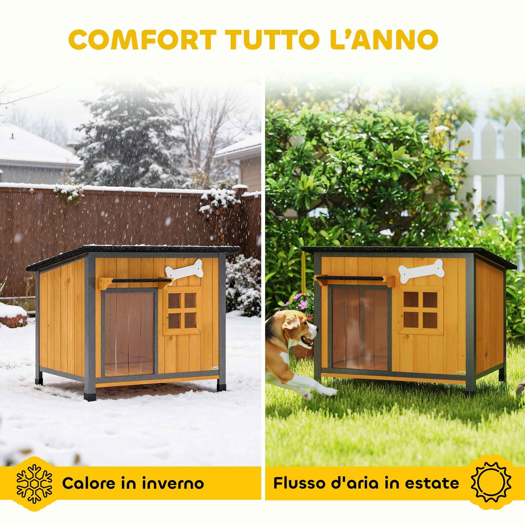 PawHut Outdoor Dog Kennel in Wood and Steel, Bite-Resistant, with Opening Roof and Door Curtain, Yellow