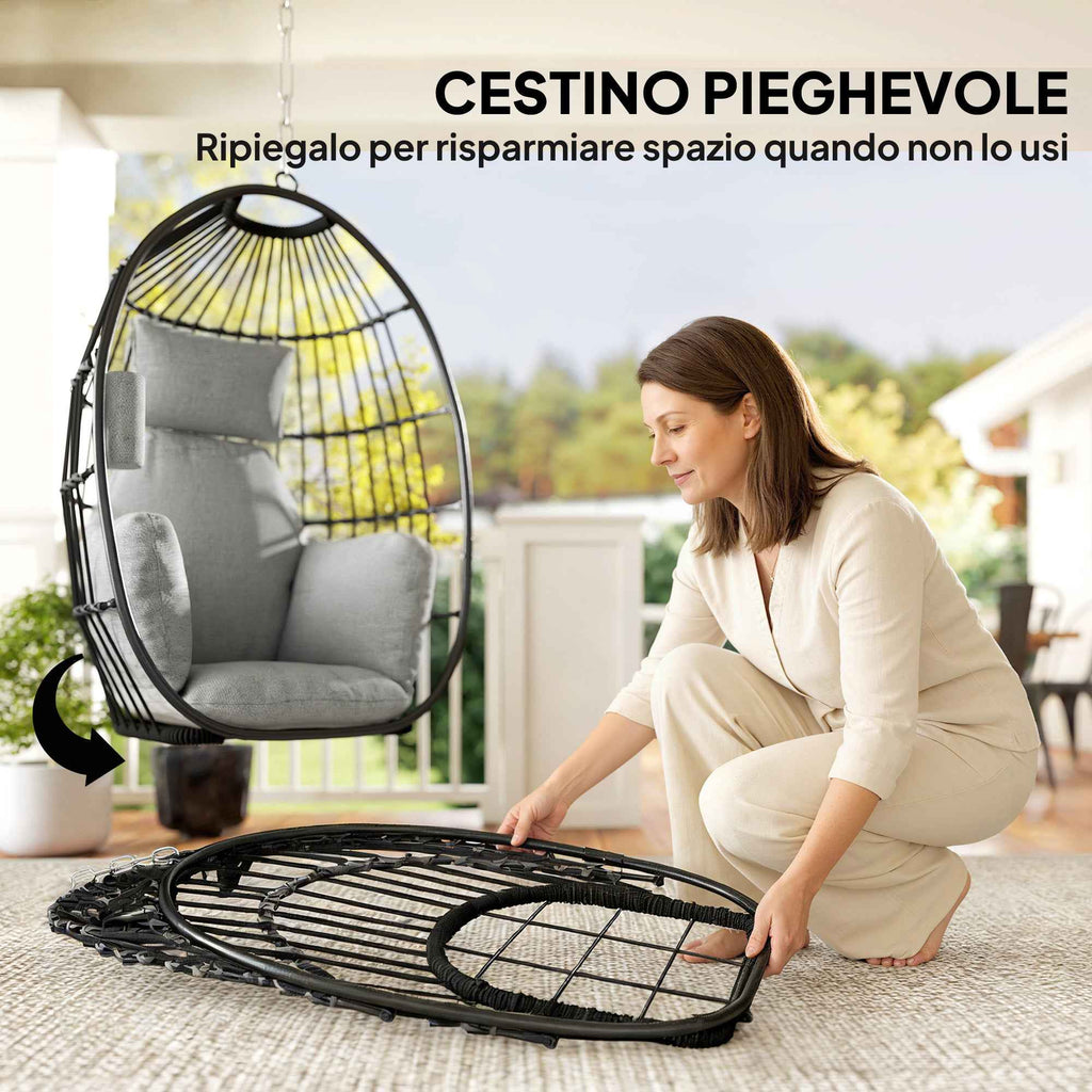 Outsunny Hanging Egg Chair with Hook, Cushion and Headrest, in Steel and Polyester, 75x62x107 cm, Grey