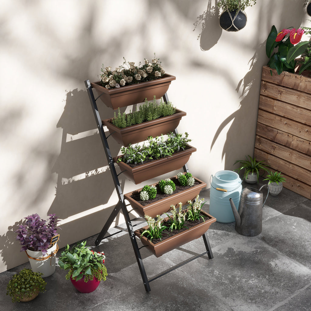 Outsunny 5-Tier Vertical Plant Stand with 5 Pots with Drainage Holes, Steel and PE, 55x63x120 cm, Brown