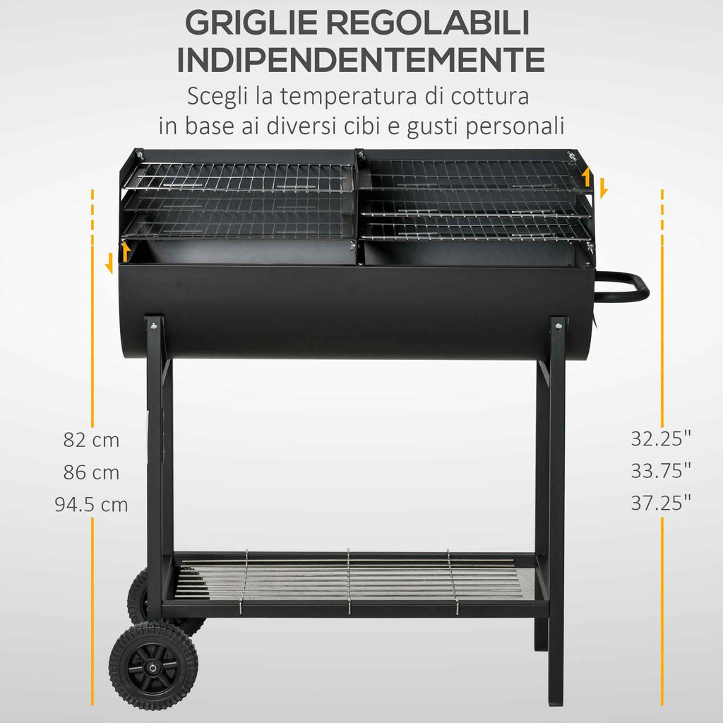 Outsunny Steel Barbecue with 2 Independent Grills, 2 Wheels, and Bottom Shelf | Black | 90cm x 45cm x 96cm