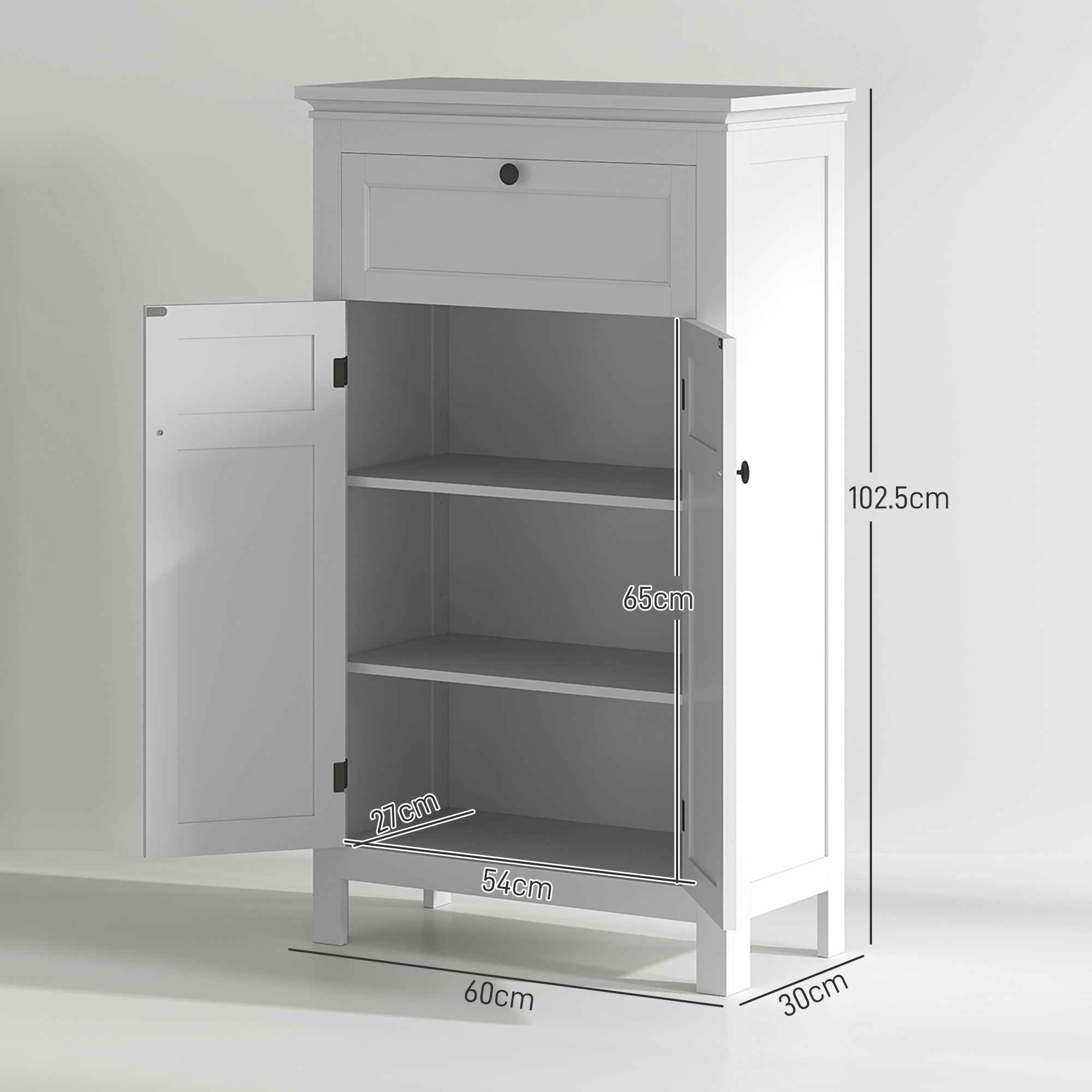 Bathroom Cabinet with 2 Doors and Drawer, Space-Saving Bathroom Cabinet with Adjustable Shelves, 60x30x102.5 cm, White