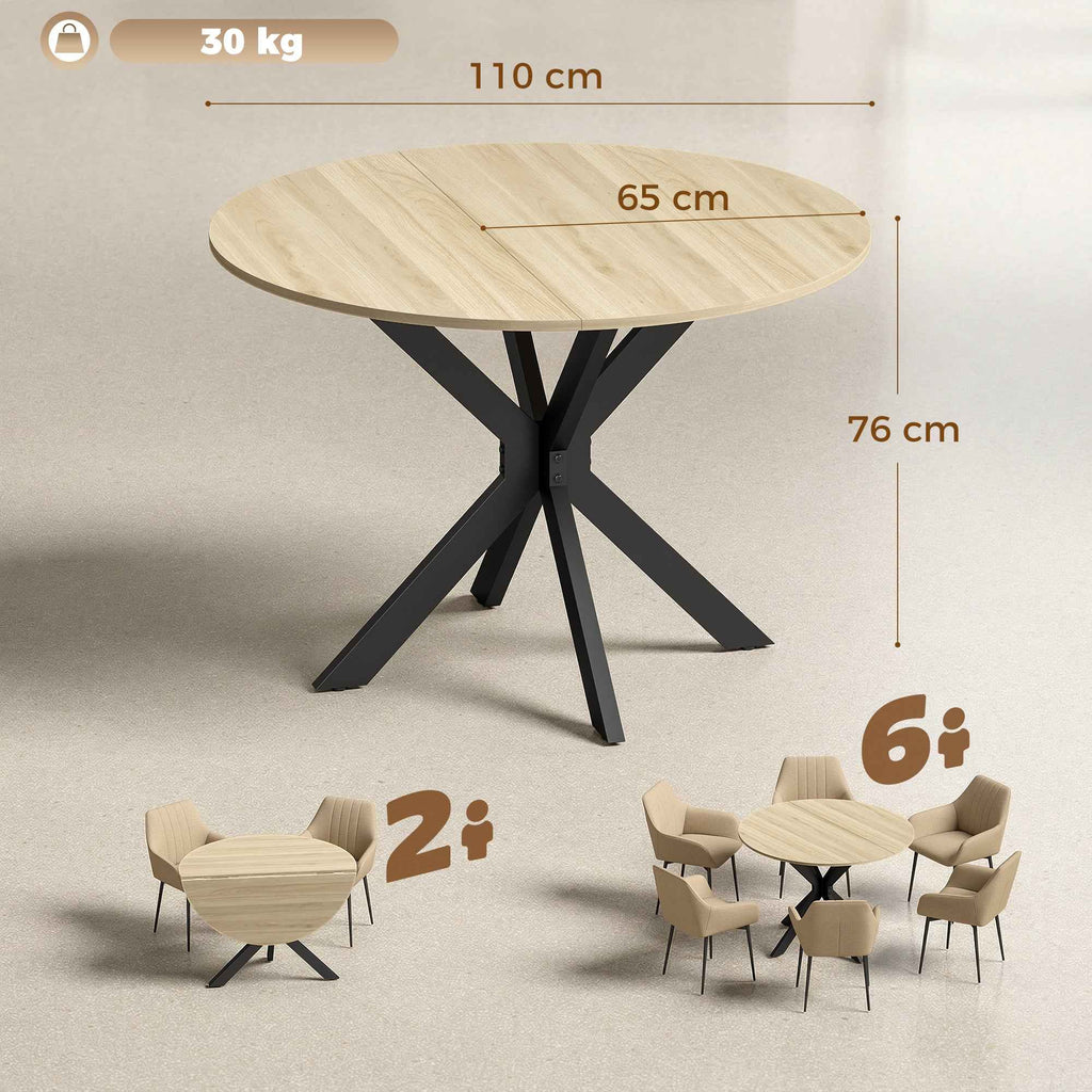HOMCOM Round Folding Drop-Leaf Table for 2-6 People, in Wood and Steel, 110x110x76 cm, Wood Color