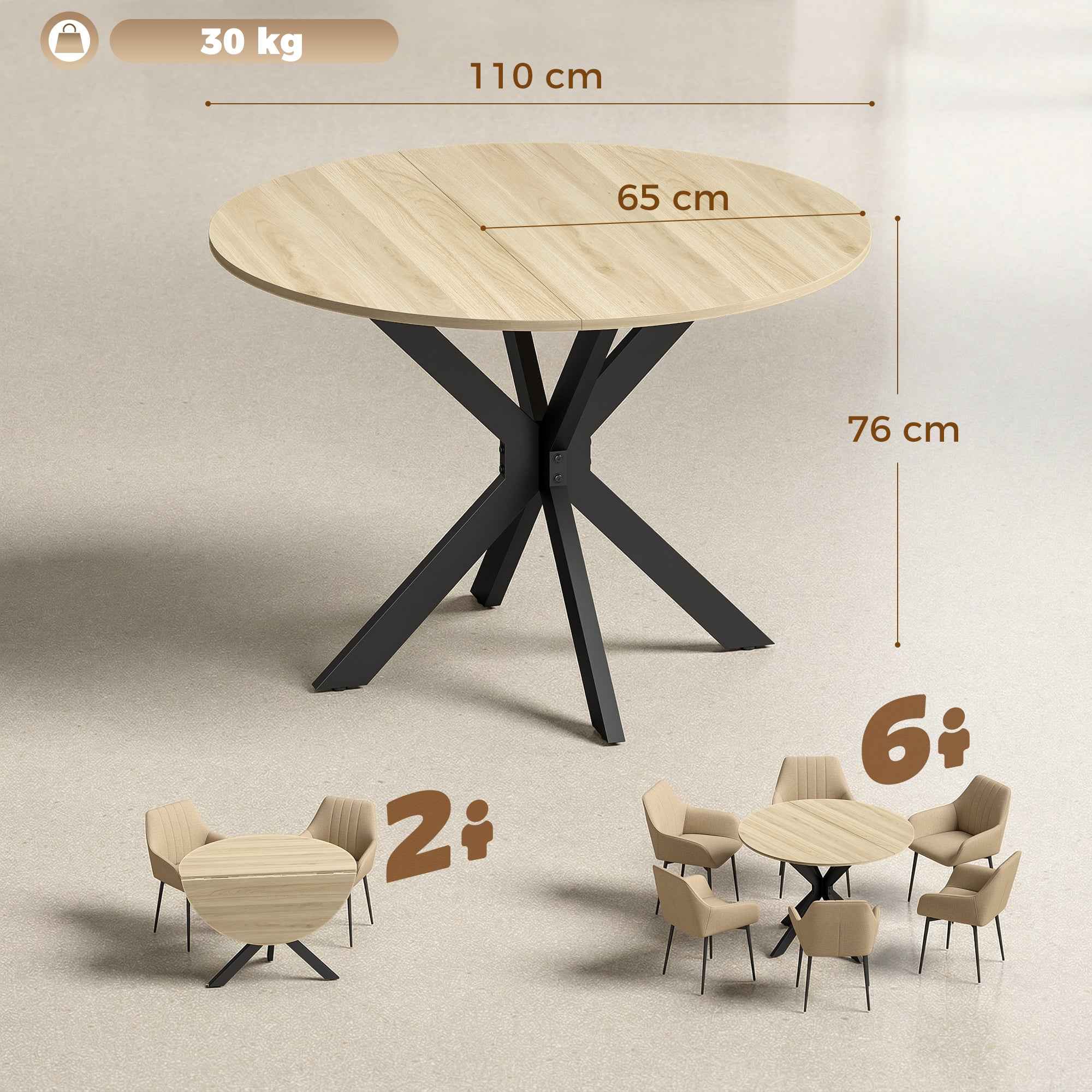 HOMCOM Round Folding Drop-Leaf Table for 2-6 People, in Wood and Steel, 110x110x76 cm, Wood Color