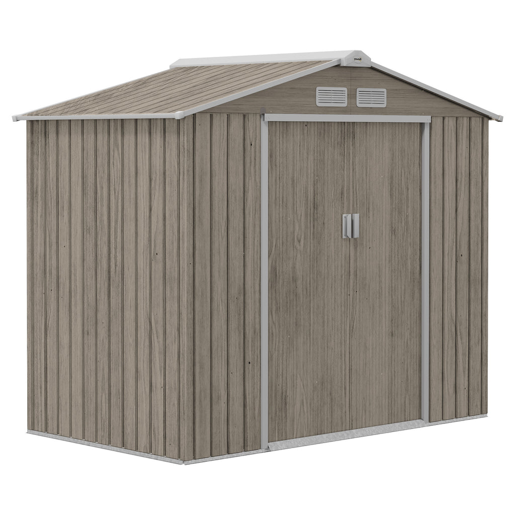 Metal Garden Shed with Vents and Double Sliding Door, 2.1x1.3m, Light Brown