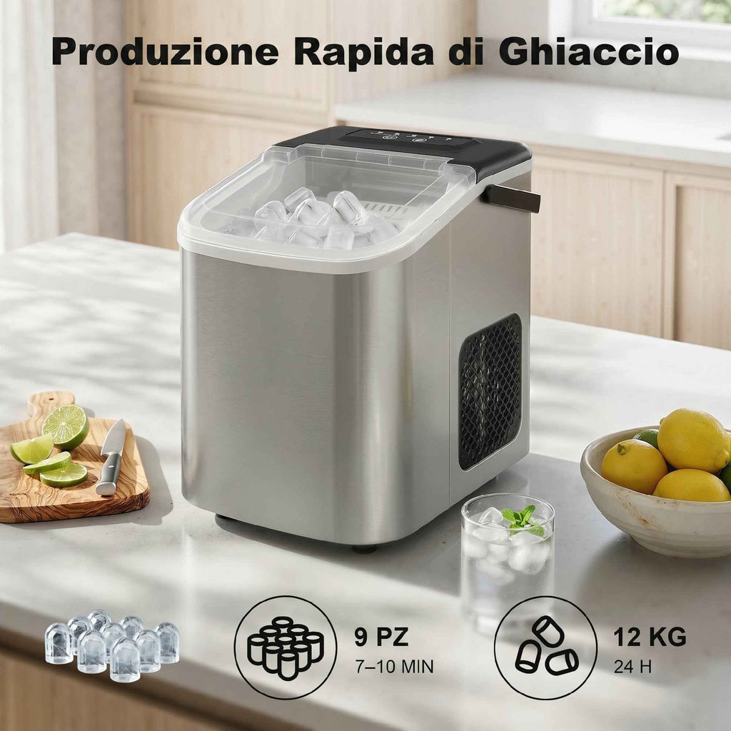 HOMCOM Ice Maker, 12kg in 24 Hours, 9 Cubes in 7-10 Minutes, 2 Sizes, with Self-Cleaning System, Silver