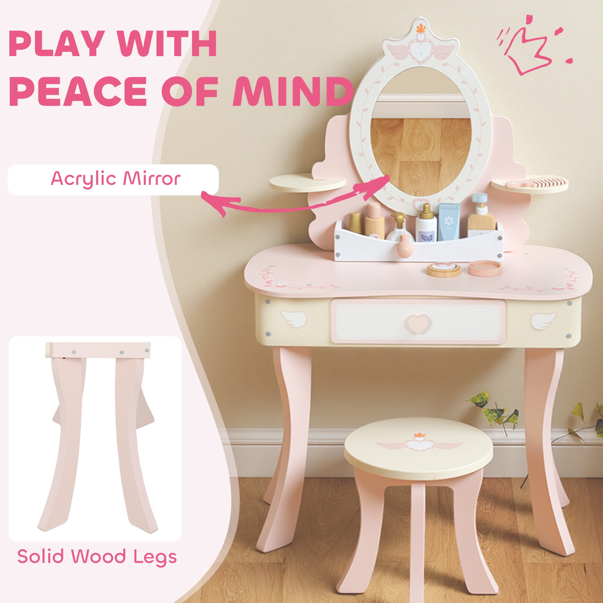 2-in-1 Wooden Dressing Table and Stool Set for Kids with 7 Accessories Included, Pink