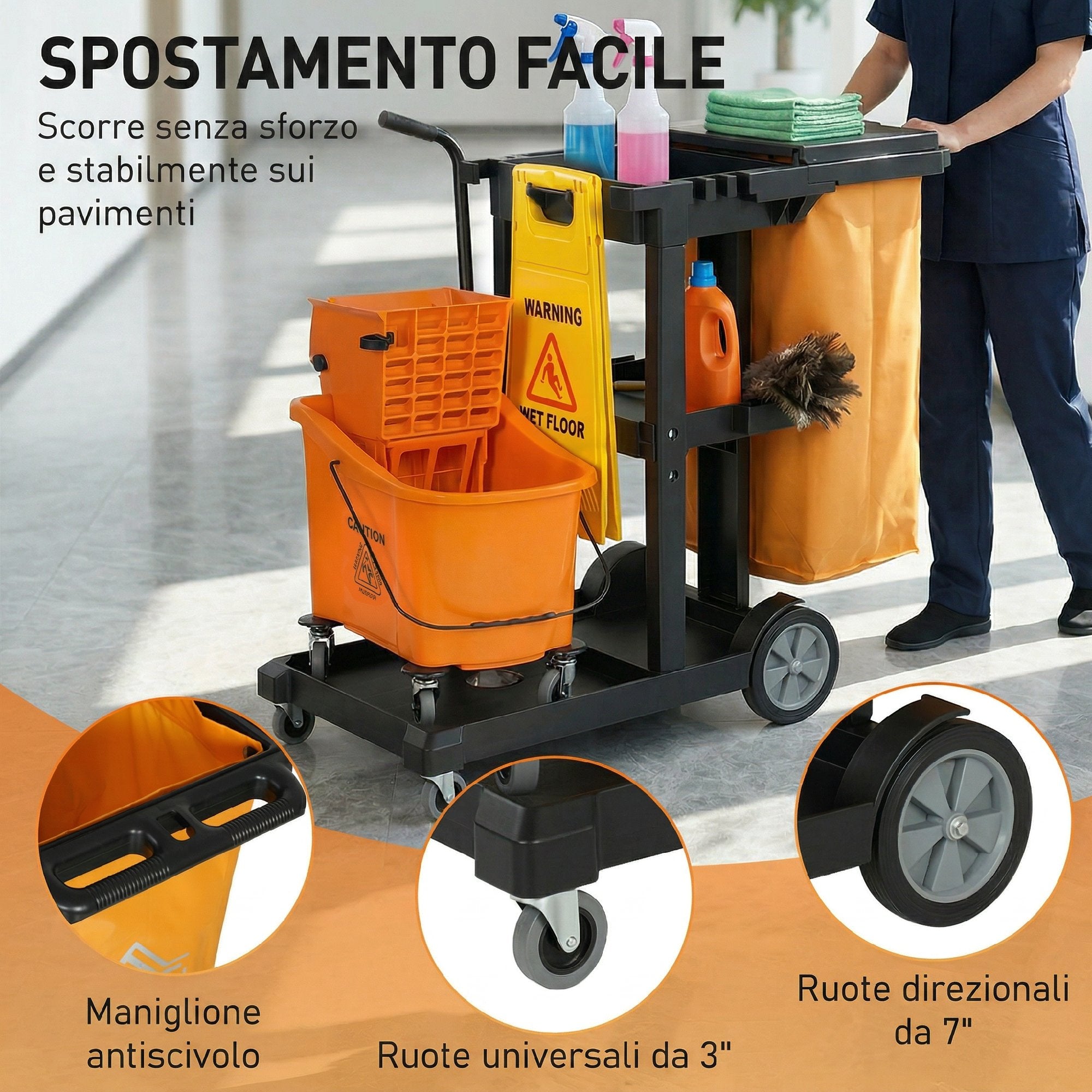 HOMCOM Cleaning Trolley: Wheels, 3 Shelves, 70L Bag, Bucket with Wringer.