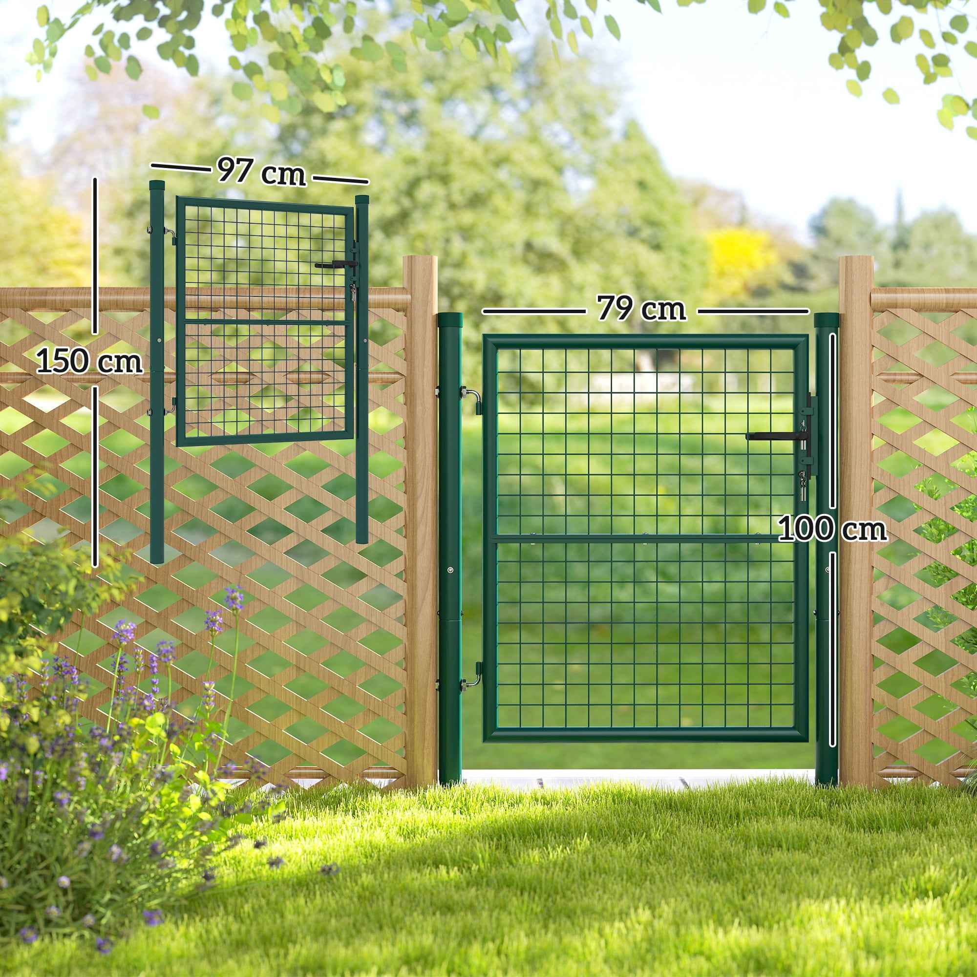 Outsunny Steel Garden Gate 97x150 cm, Garden Gate with Lock, 3 Keys, Handle and 2 Posts