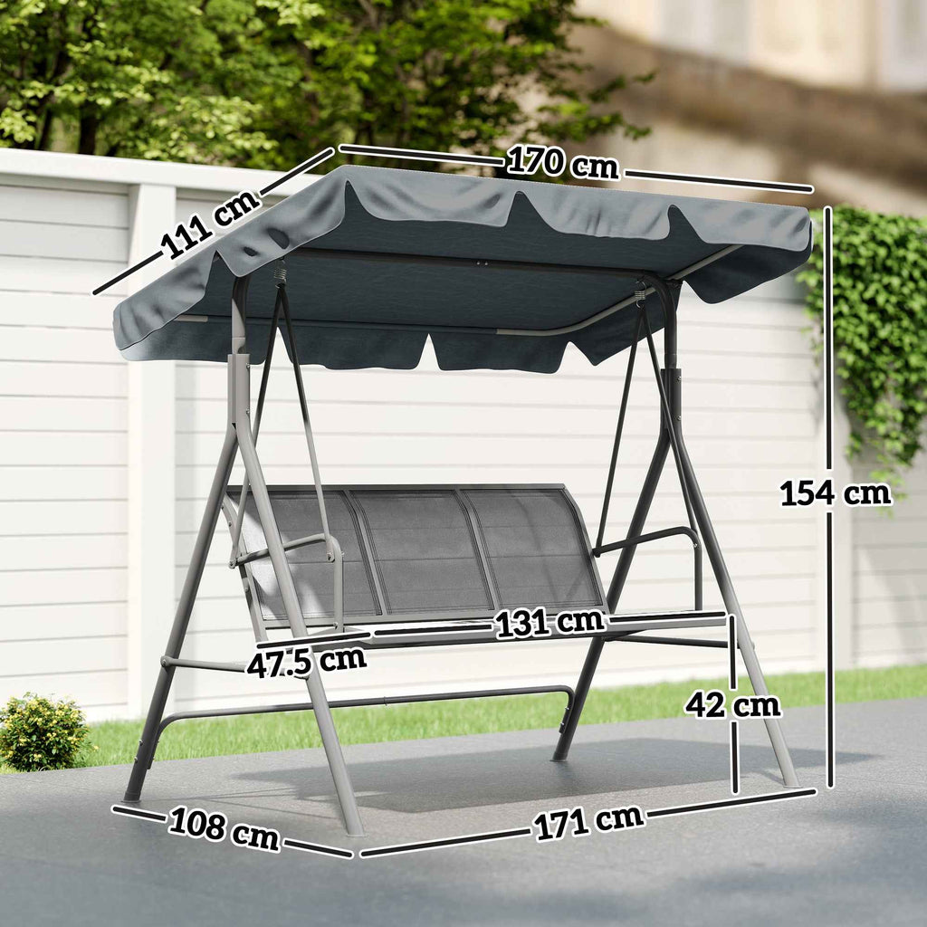 Outsunny 3-Seater Metal Garden Swing with Removable Sun Canopy, 171x108x154 cm, Dark Grey