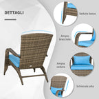 Outsunny Garden Chair Adironrack with armrests, in Rattan and Steel, 65x86x90 cm, brown and blue - Borgè