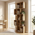 5-Tier S-Shaped Bookcase with 15 Shelves, Wooden, 80x24x200 cm, Oak Color