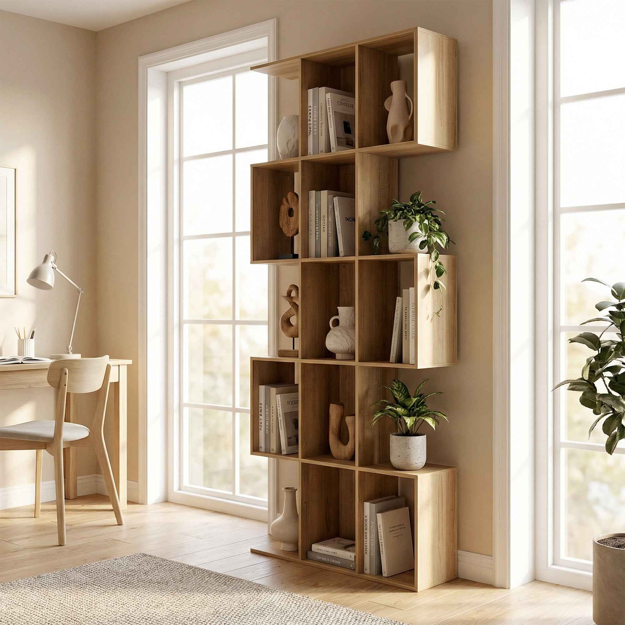 5-Tier S-Shaped Bookcase with 15 Shelves, Wooden, 80x24x200 cm, Oak Color