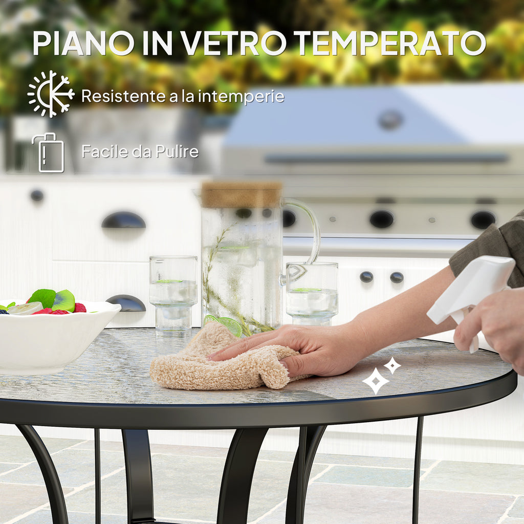 Round Garden Table with Umbrella Hole, in Metal and Tempered Glass, Ø96.5x71 cm, Black