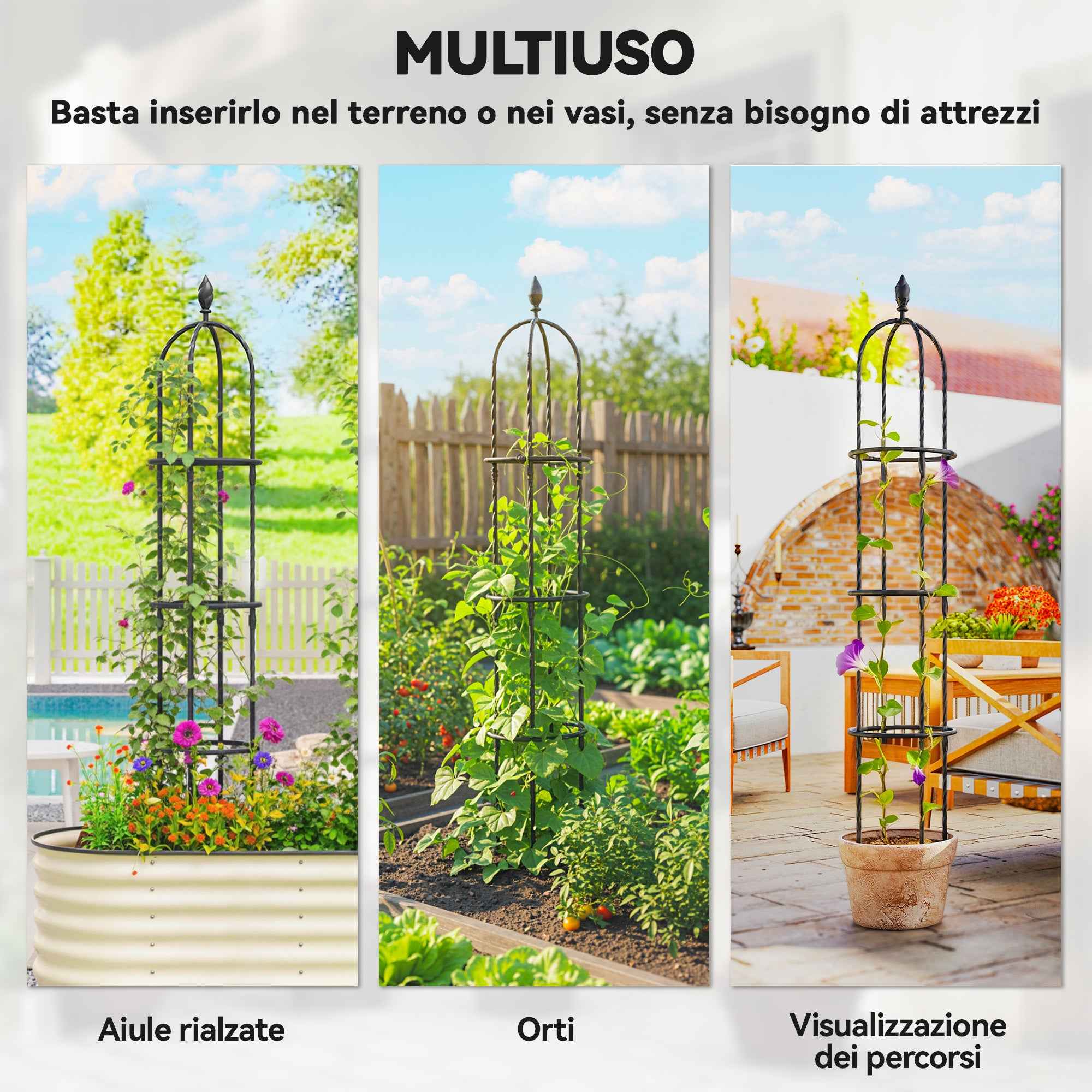 Outsunny 2-Piece 1.7m Tall Rustproof Steel Climbing Plant Supports with Decorative Trim, Black