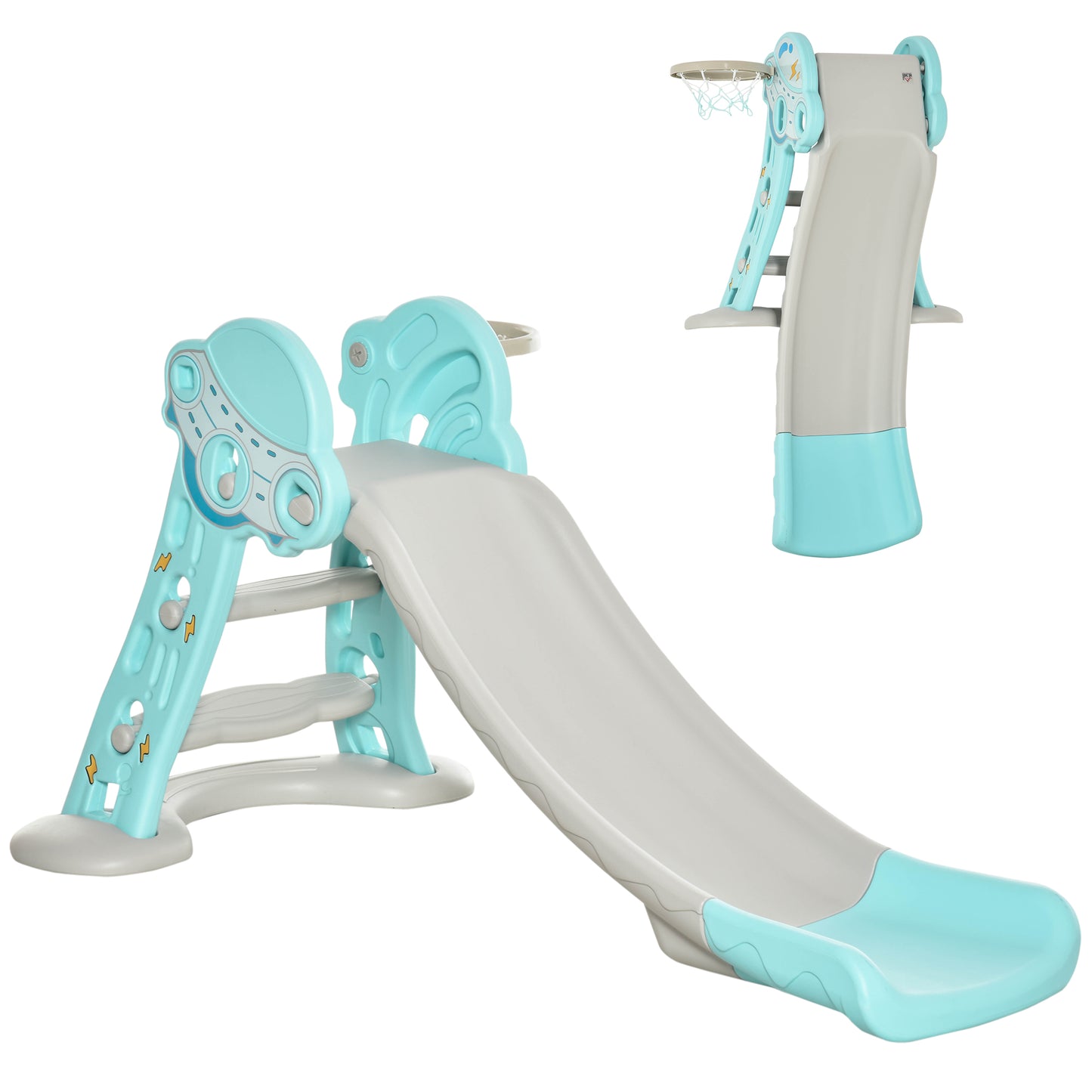 HOMCOM Folding Slide for Children from 18 Months with 3 Steps and Basketball Hoop, 140x87x75cm, Blue and Gray