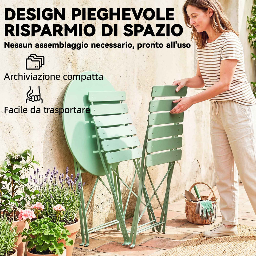 Outsunny Bistro Garden Set: Round Table and Folding Chairs for 2, Light Green.