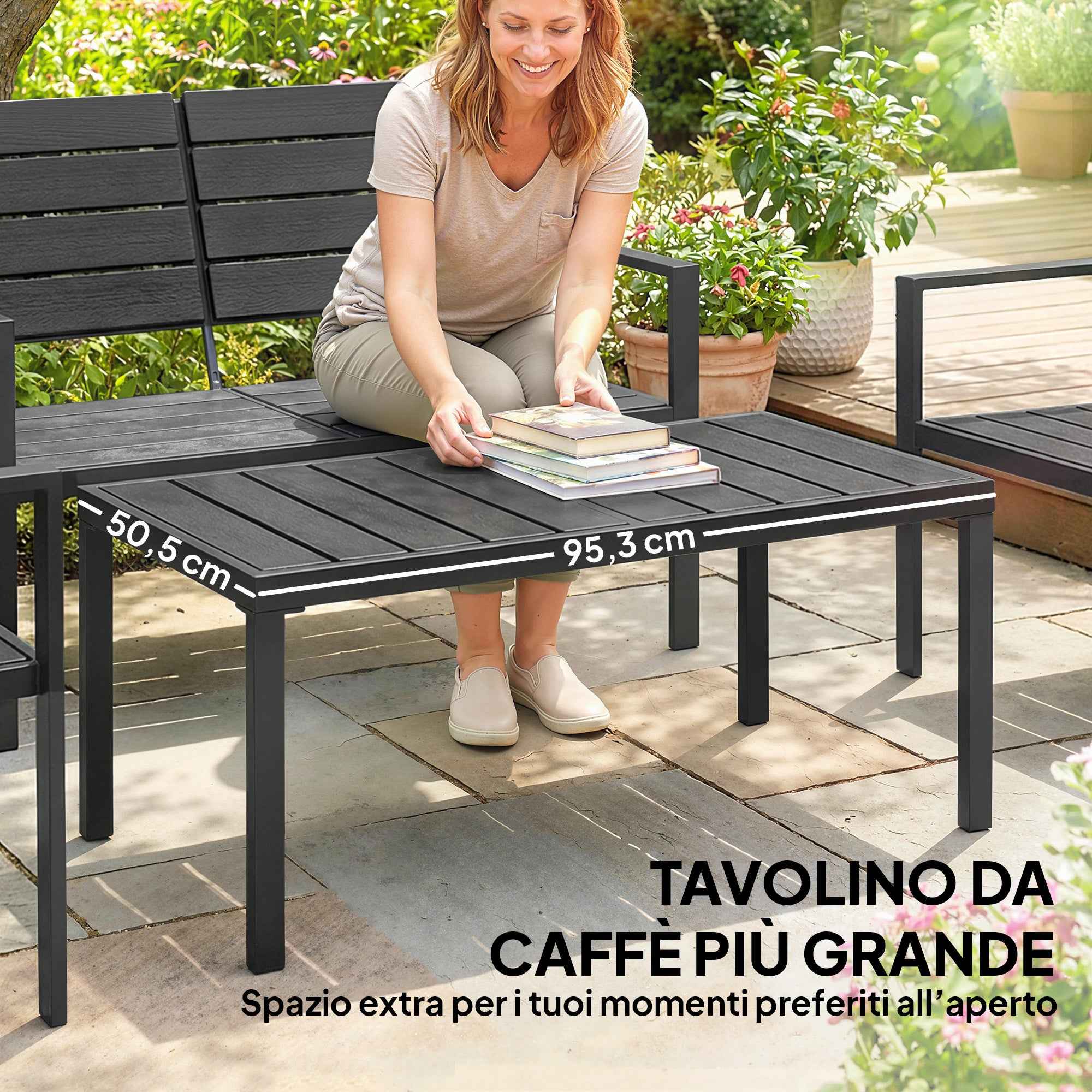 Outsunny 4-Piece Garden Lounge Set with Coffee Table, 2-Seater Sofa, and 2 Chairs, in HDPE and Black Metal