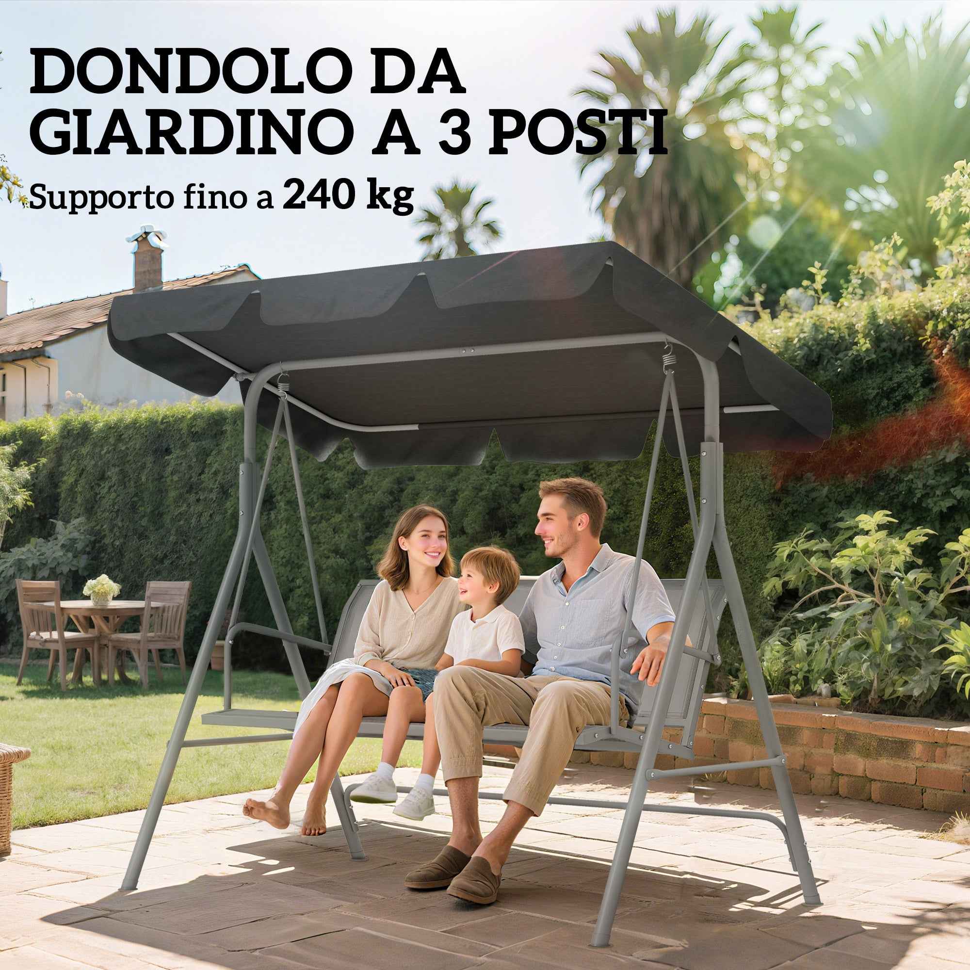Outsunny 3-Seater Metal Garden Swing with Removable Sun Canopy, 171x108x154 cm, Dark Grey