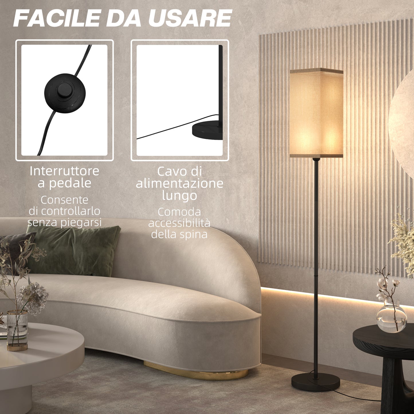 40W Floor Lamp with Foot Switch, Linen Effect Fabric and Metal, Ø25x161.5 cm, Black and Beige