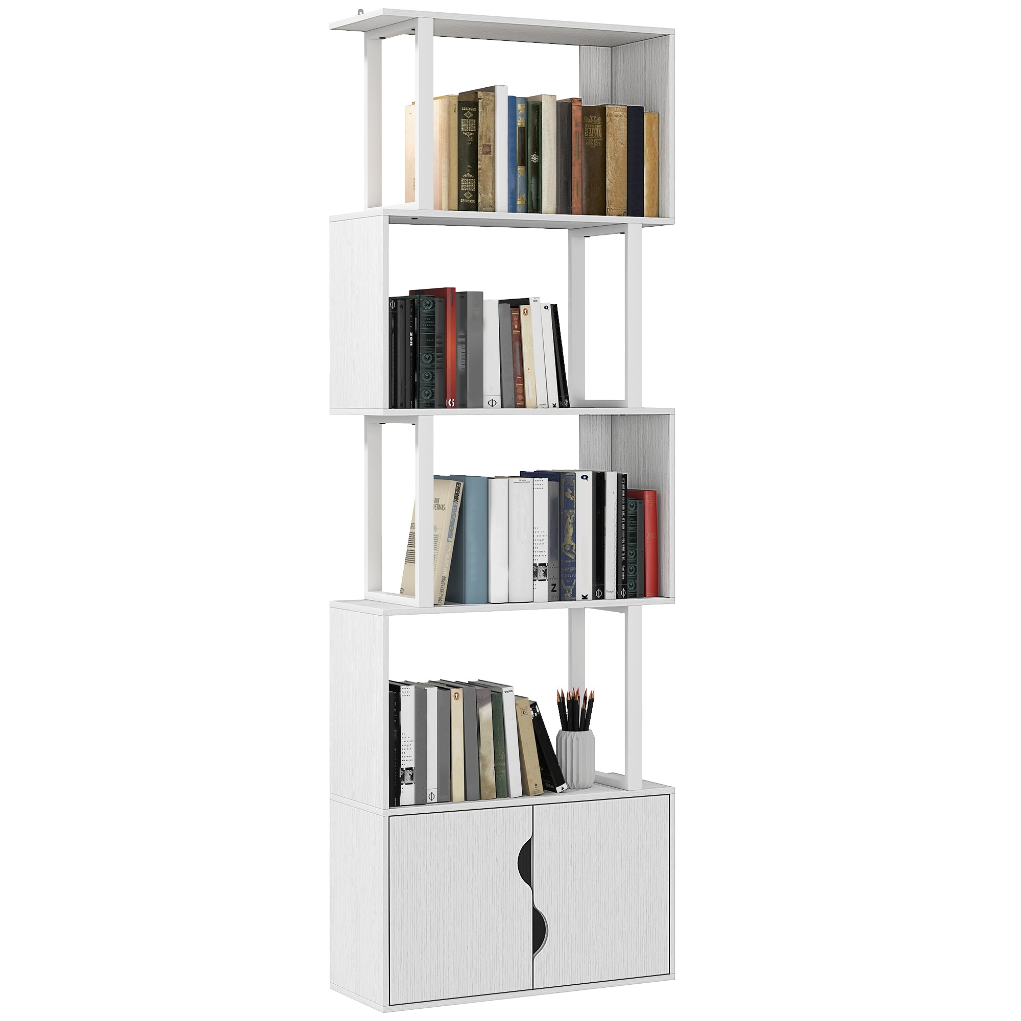 Modern Bookcase with 5 Shelves and 2-Door Wooden Cabinet, 60x23.8x179.2 cm, White
