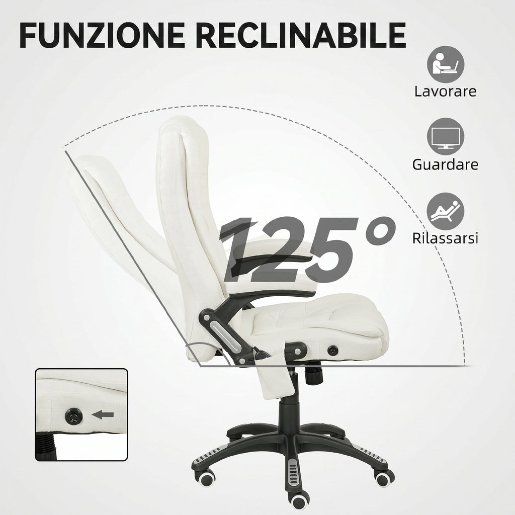 Vinsetto Reclining Massage Office Chair with Adjustable Height, Remote Control, Linen-Effect Fabric, Cream