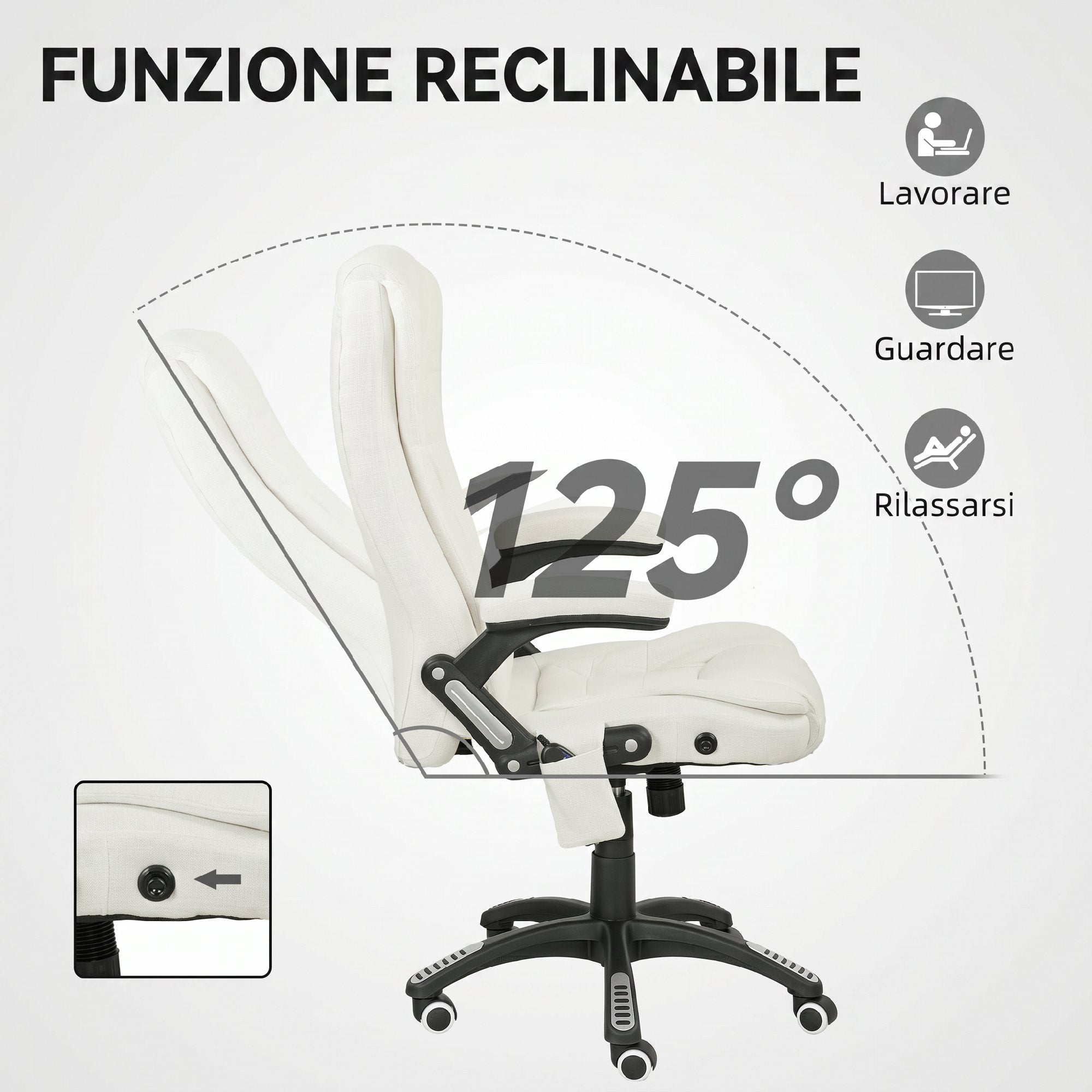 Vinsetto Reclining Massage Office Chair with Adjustable Height, Remote Control, Linen-Effect Fabric, Cream