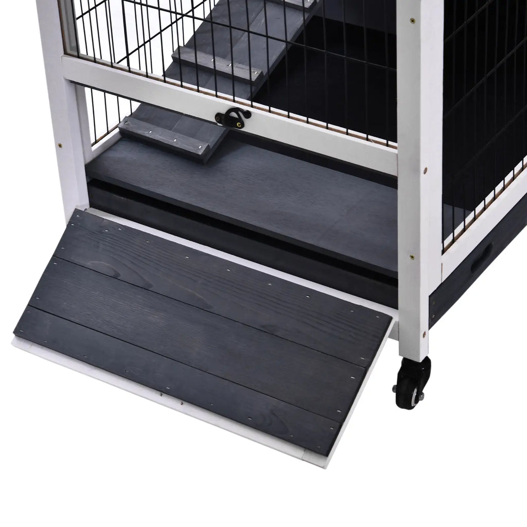 Rabbit and Guinea Pig Cage with 4 Wheels, House and Ramp, Natural Wood, Grey and White, 90x53x59cm - Borge' Group Limited
