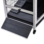 Rabbit and Guinea Pig Cage with 4 Wheels, House and Ramp, Natural Wood, Grey and White, 90x53x59cm - Borge' Group Limited