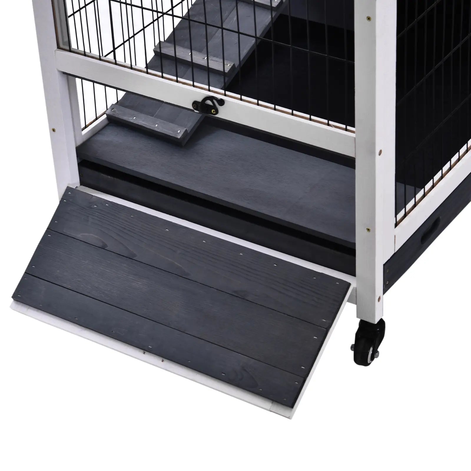 Rabbit and Guinea Pig Cage with 4 Wheels, House and Ramp, Natural Wood, Grey and White, 90x53x59cm - Borge' Group Limited