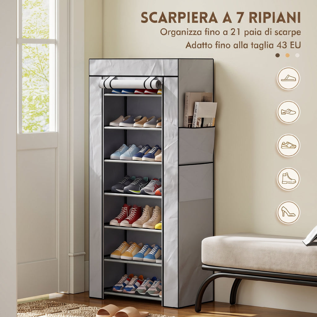 HOMCOM 7-Tier Steel Shoe Rack with TNT Cover, 60 x 30 x 126 cm, Grey