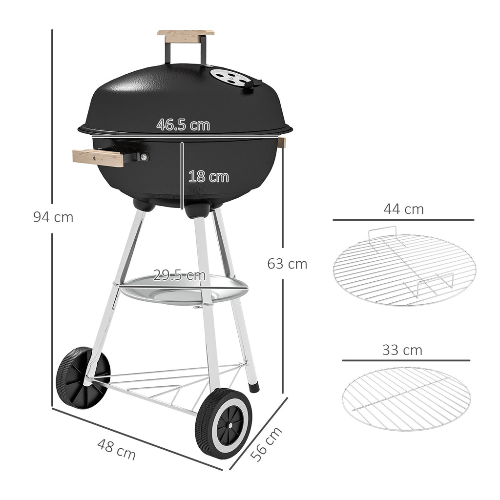 Charcoal Barbecue with Steel Grill, Lid and Air Vents and Wheels, Black