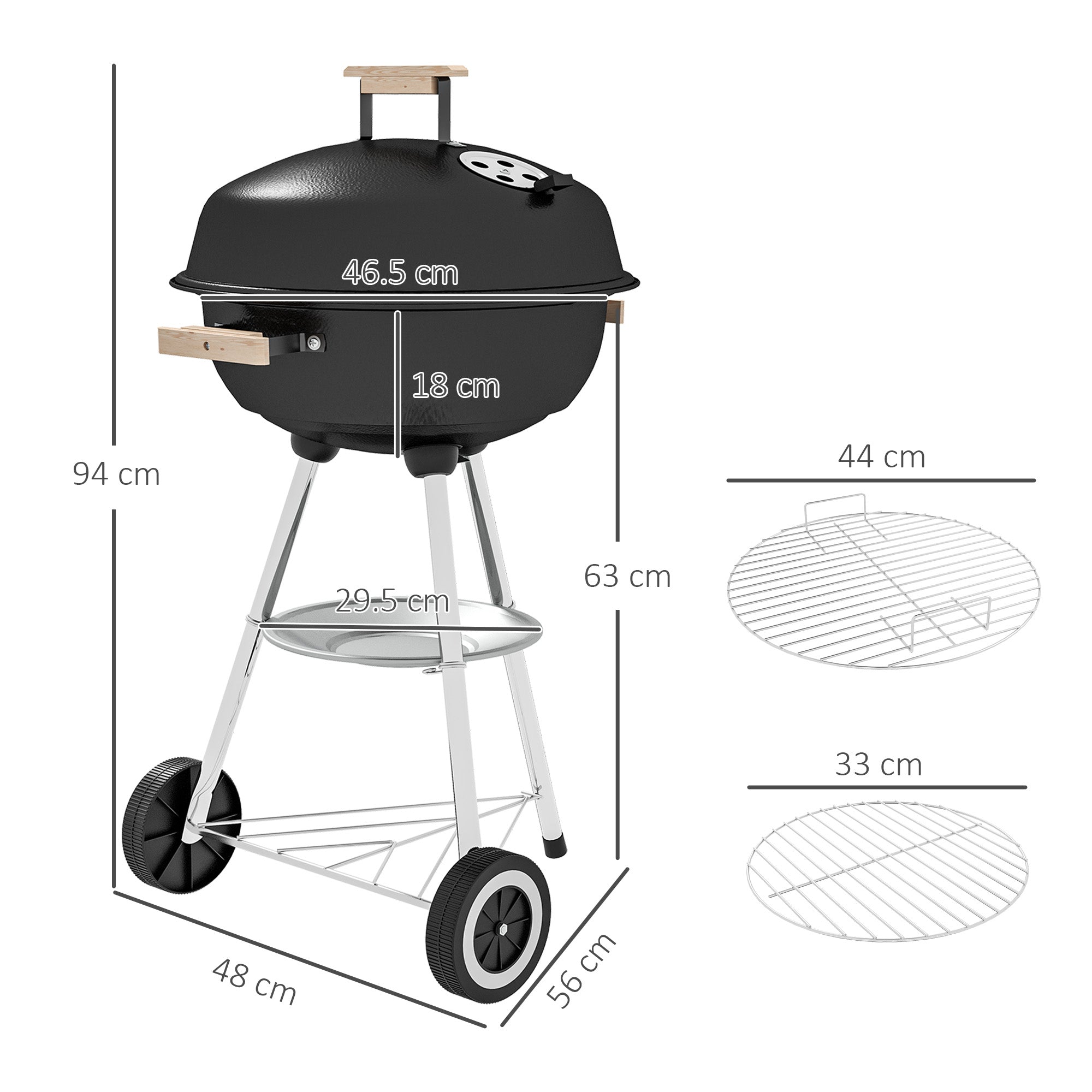 Charcoal Barbecue with Steel Grill, Lid and Air Vents and Wheels, Black