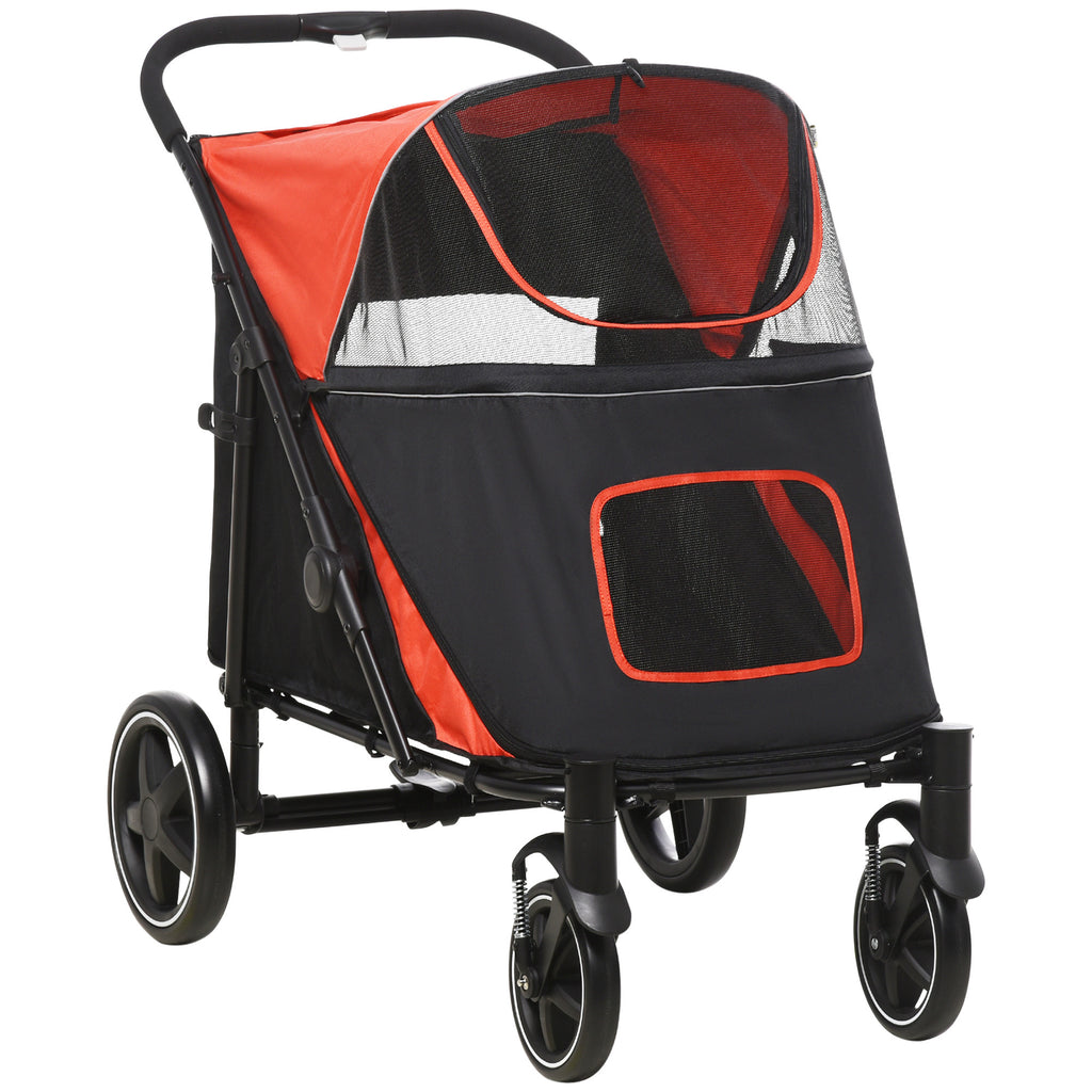 Foldable Dog Stroller with Zipper Entrances and Mesh Windows, 112x65x100 cm, Black and Red