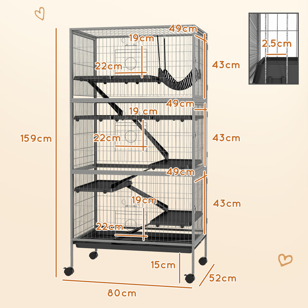 PawHut Rabbit Cage with 4 Entrances at Multiple Levels with Hammock, Steel and PP, 80x52x159 cm - Borgè