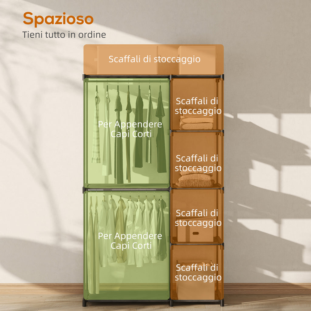 Wardrobe with 2 Rods and 4 Shelves, in Non-Woven Fabric, Plastic and Steel, 142x43x185 cm,