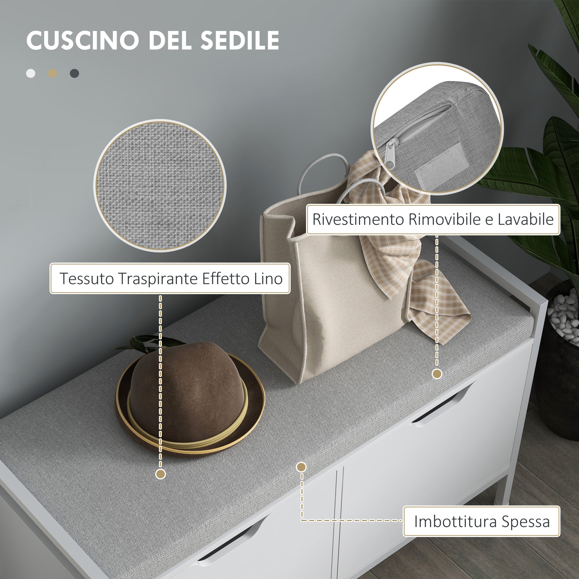 2-Tier Shoe Rack Bench with Cushion, in Linen Effect Fabric, Wood and Steel, 84x35x50 cm, White