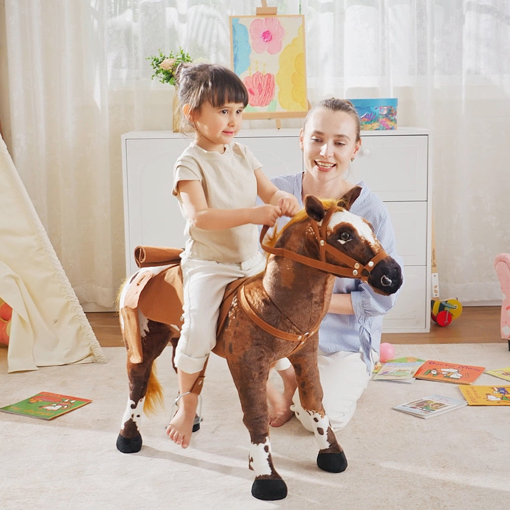 Rocking Horse for Children 2+ Years with Nitrite, Saddle and Stirrups, Plush and Metal, 85x28x60 cm, Brown
