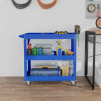 DURHAND 3-Tier Steel Tool Cart with High Edges and 4 Swivel Wheels, 83x35.3x76 cm, Blue