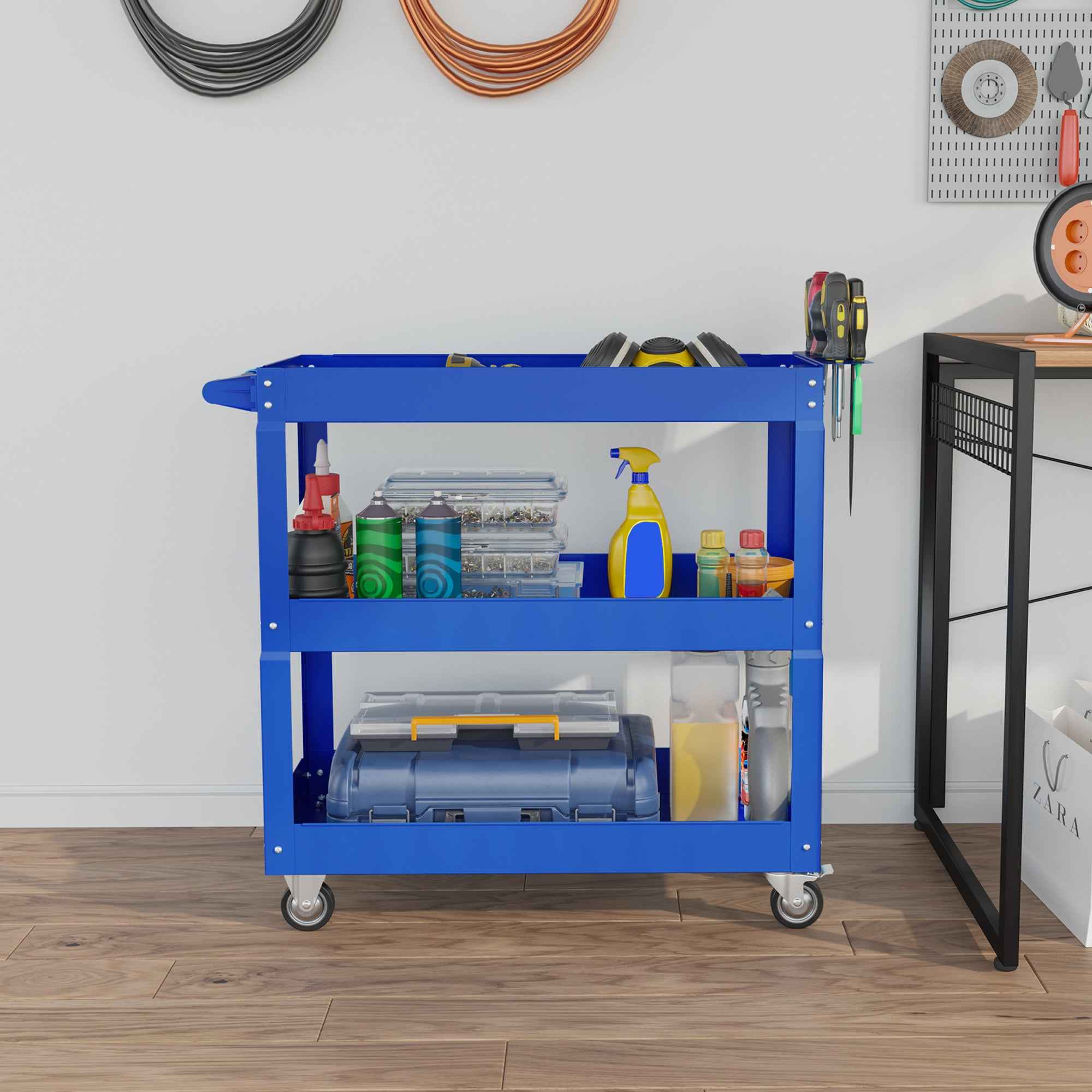 DURHAND 3-Tier Steel Tool Cart with High Edges and 4 Swivel Wheels, 83x35.3x76 cm, Blue
