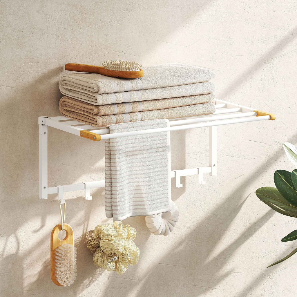 HOMCOM Folding Wall-Mounted Towel Rack with 5 Bars and 6 Hooks in Wood and Steel, 60x32.5x20 cm, White