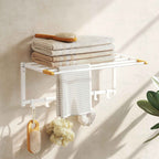 HOMCOM Folding Wall-Mounted Towel Rack with 5 Bars and 6 Hooks in Wood and Steel, 60x32.5x20 cm, White