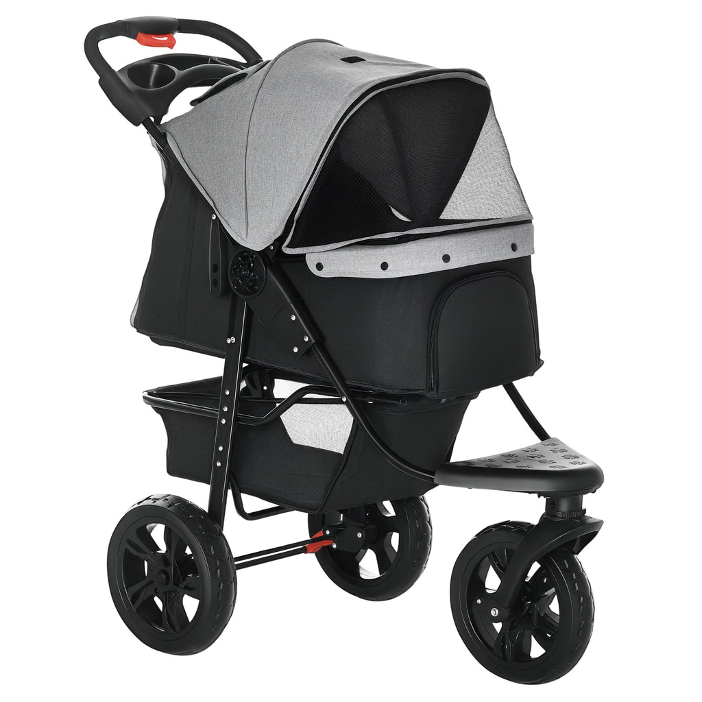 2-in-1 Folding 3-Wheel Dog Stroller with Brake, Storage Basket and Bottle Holder, Steel and Oxford, Grey and Black, 109.5x57.5x106.5cm