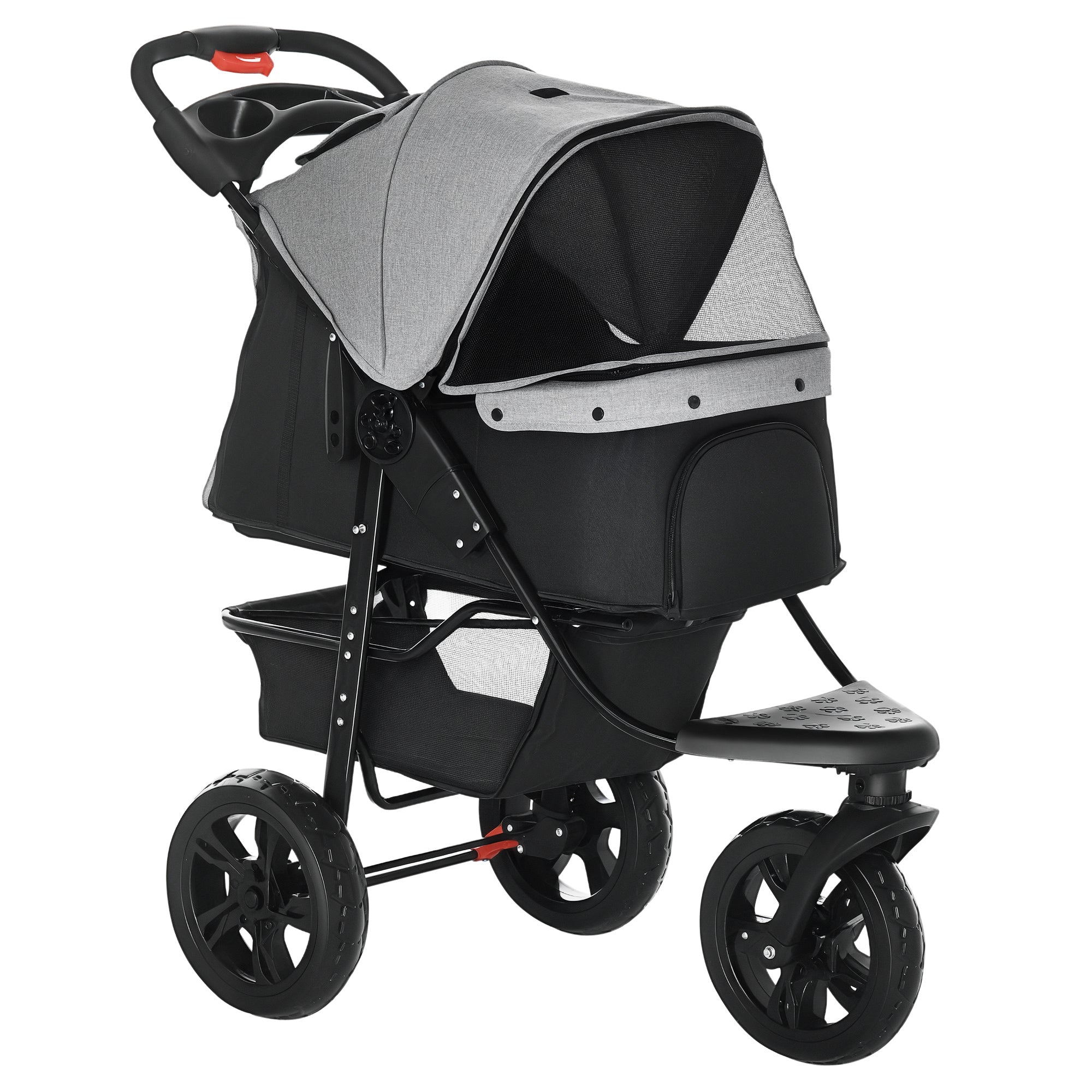 2-in-1 Folding 3-Wheel Dog Stroller with Brake, Storage Basket and Bottle Holder, Steel and Oxford, Grey and Black, 109.5x57.5x106.5cm