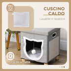 Cat House with Scratching Post, Cushion and Ball, Made of Wood and Polyester, 35.5x35.5x42.5 cm, Cream and Grey