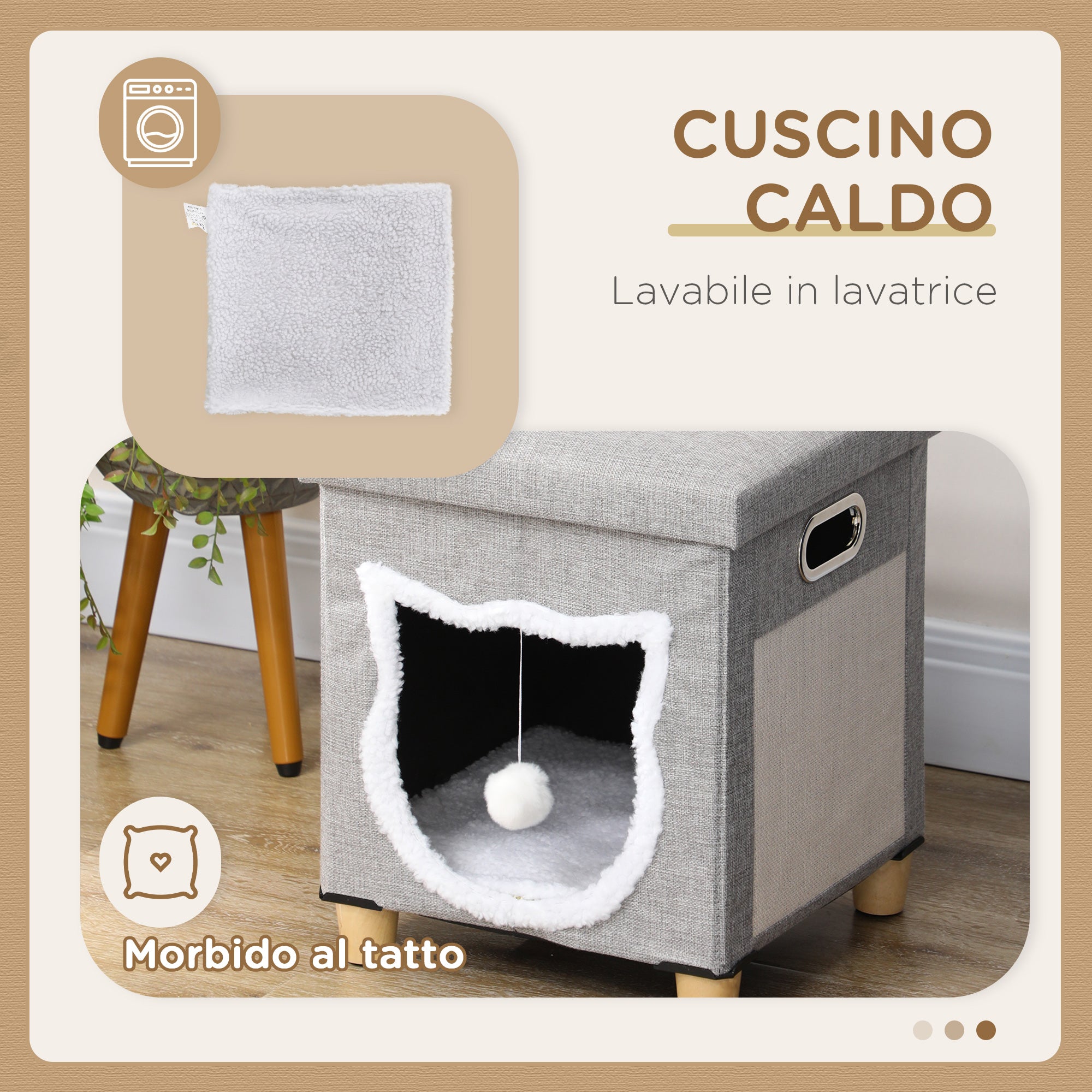 Cat House with Scratching Post, Cushion and Ball, Made of Wood and Polyester, 35.5x35.5x42.5 cm, Cream and Grey