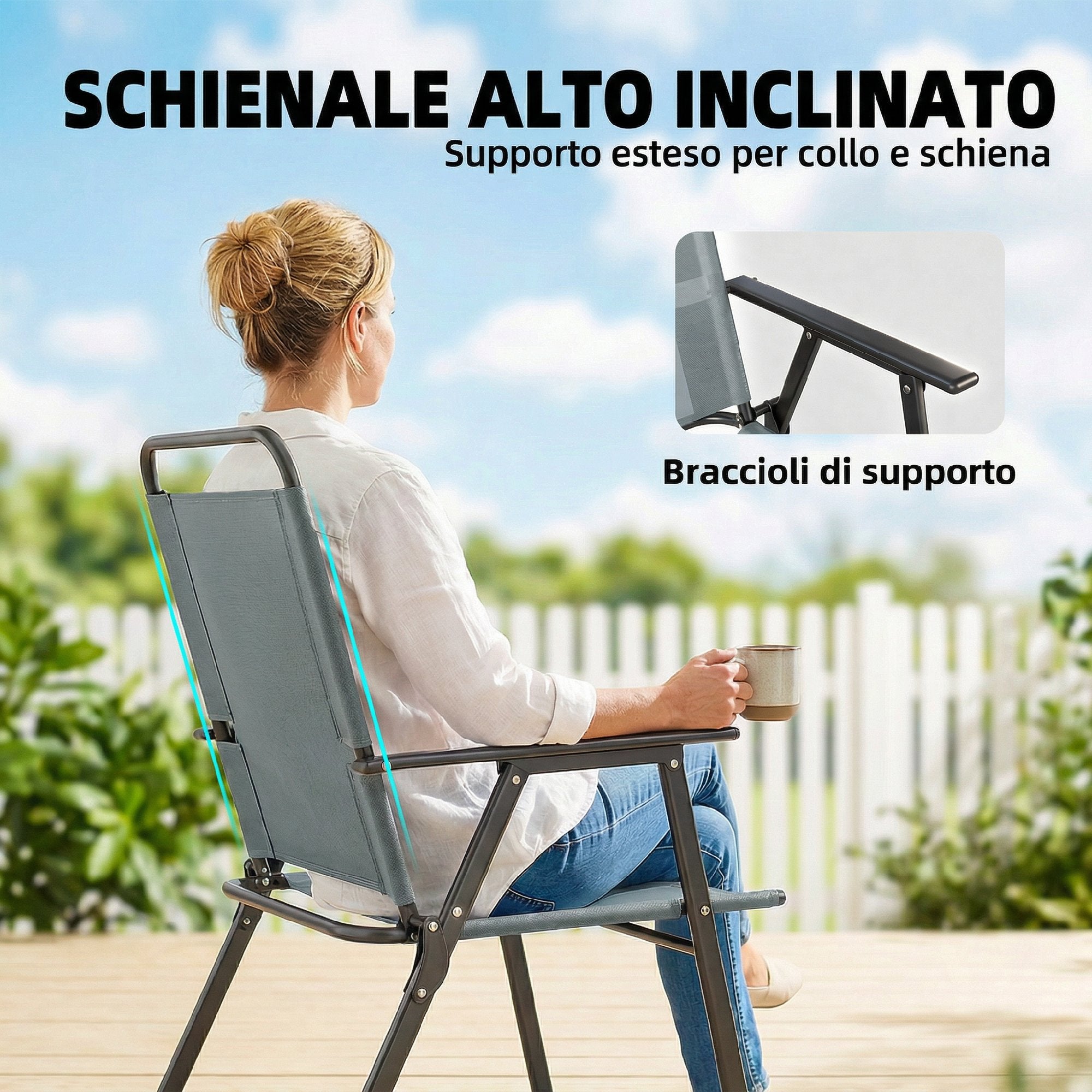Outsunny Set of 2 Folding Garden Chairs with Armrests and Mesh Seat, Grey