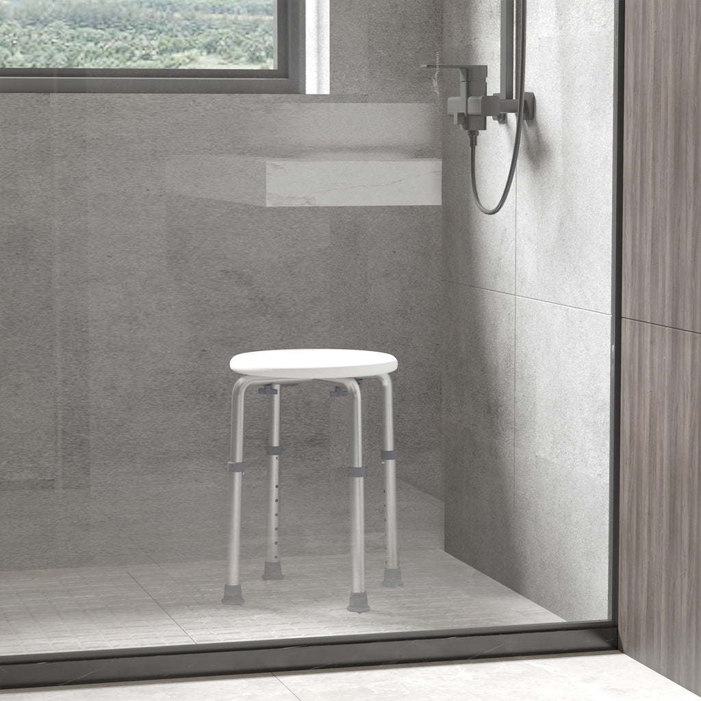 Round Shower Stool for the Elderly, Disabled Bath Chair with 8-Position Adjustable Height, Non-Slip Feet, Made of Aluminum and PE, White